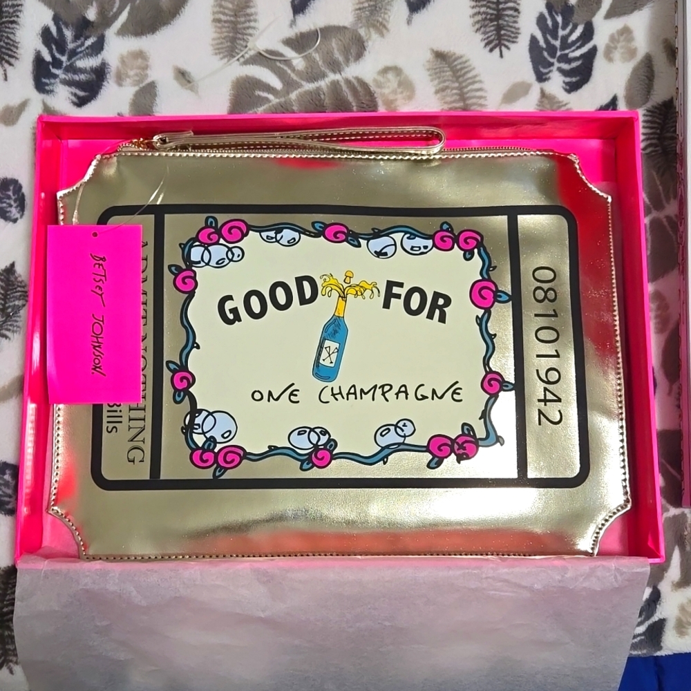 NWT Betsey Johnson Good for One Champagne Ticket Wristlet or Clutch